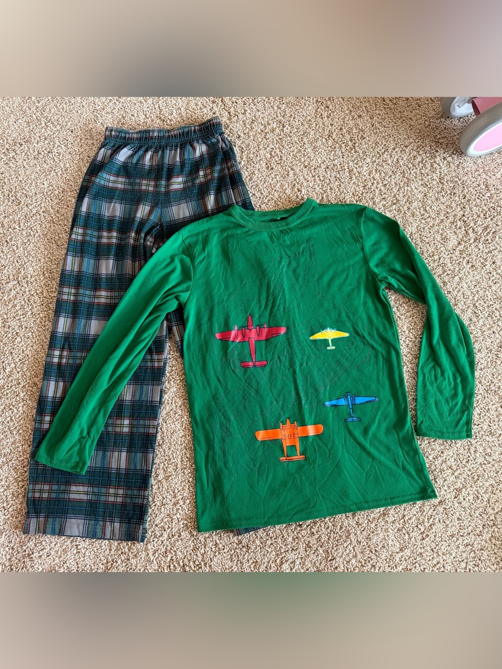 Cherokee Green Plane Graphic Kids Pajama Set with Plaid Pants